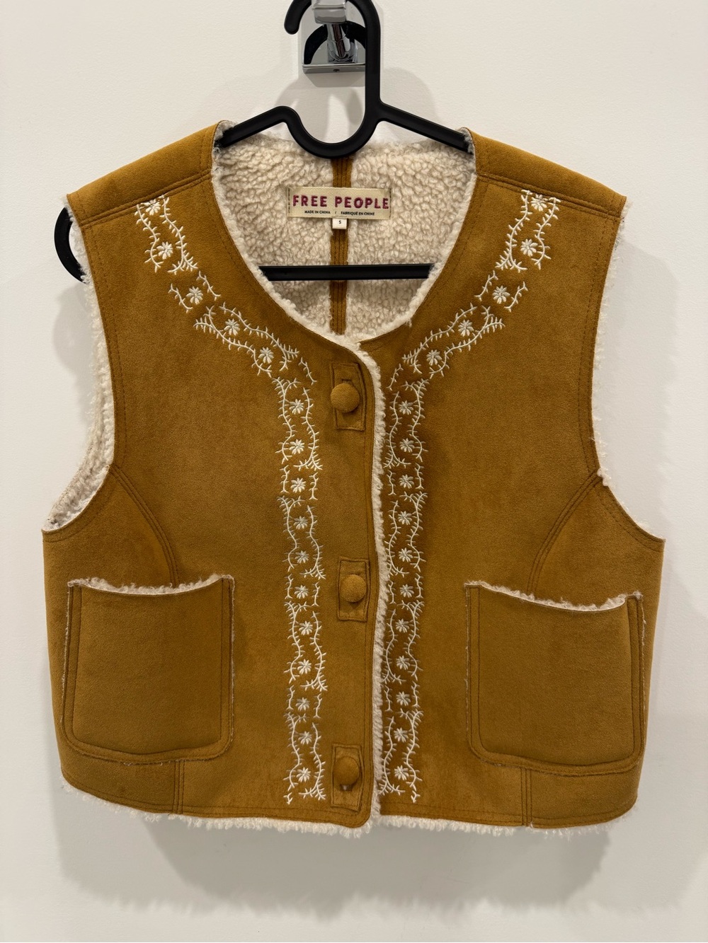 Free People Women's Travelers Suede Sherpa Vest. Embroidery (sizeS) like new.